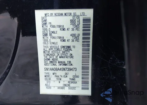 2005 Nissan Armada Se из США, поврежденный, VIN 5N1AA08A45N739473